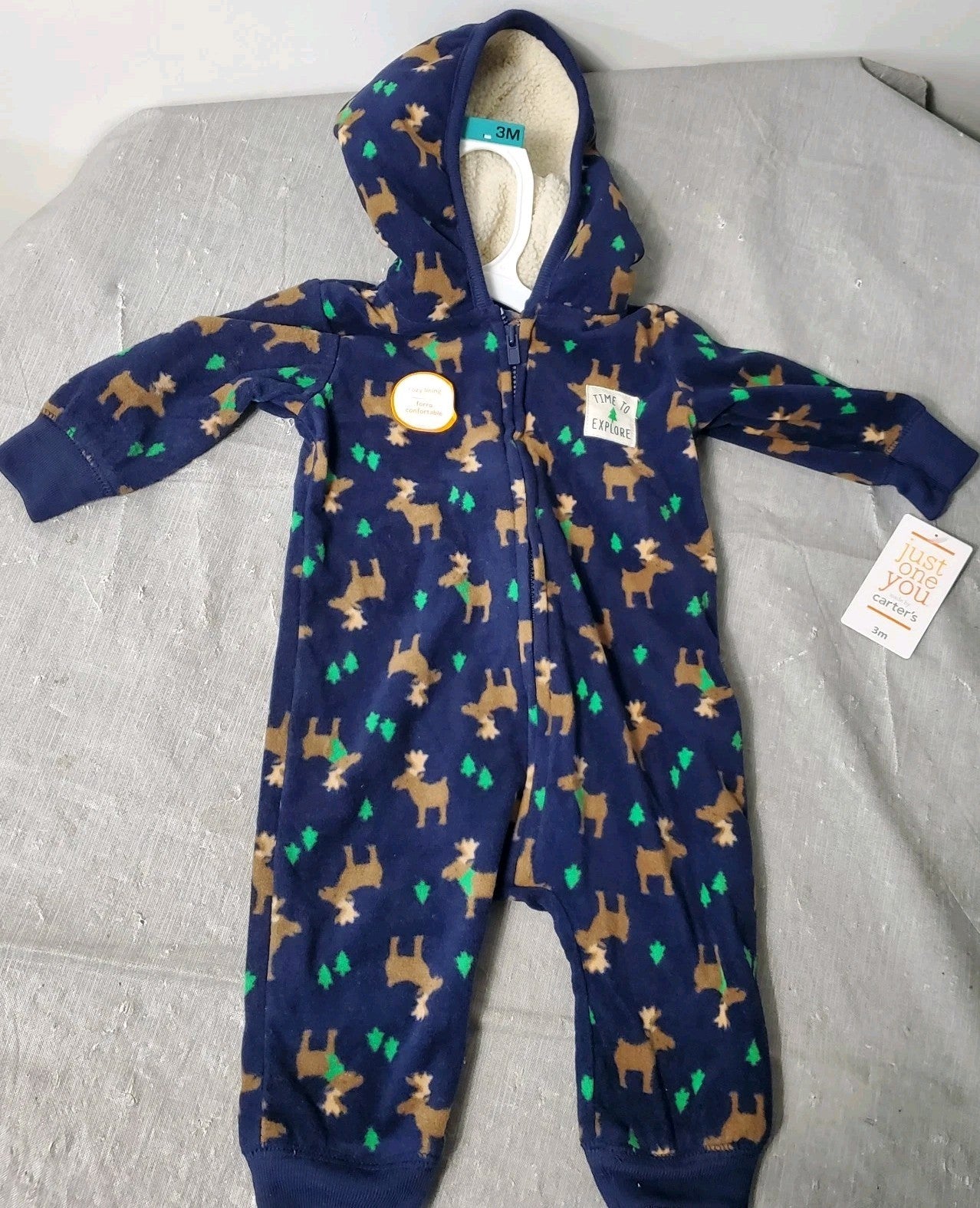 One Piece Hooded Fleece Size 3M Moose Print New With Tags