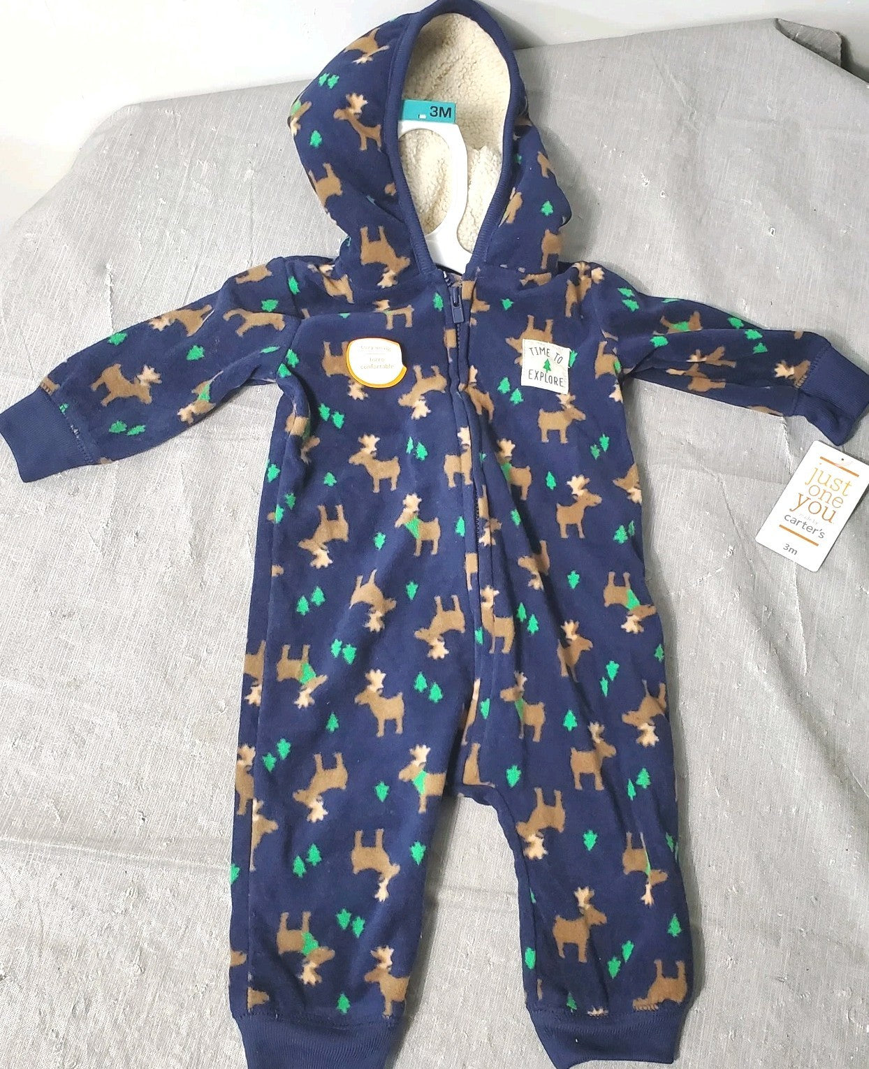 One Piece Hooded Fleece Size 3M Moose Print New With Tags
