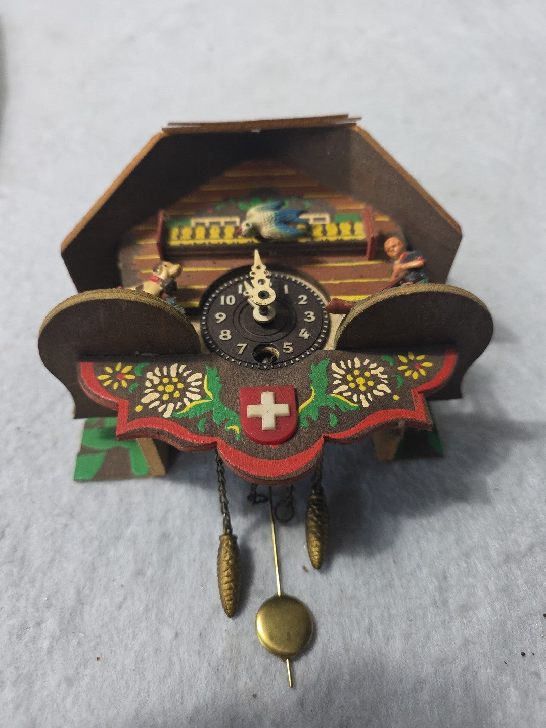 Vintage Mini Cuckoo Clock 5" German Swiss Wooden Alpine Chalet Bird Cow ~ No Key