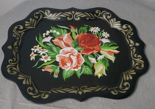 Vintage Black Toleware Floral Hand Painted 1950's  19" × 15" Beautiful Tray 