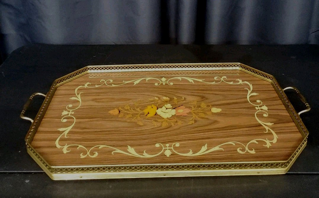 VTG Made In Italy Rectangular Serving Tray Inlaid Wood Floral Design Brass Trim 