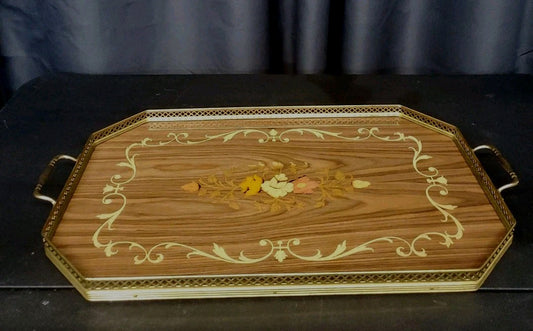 VTG Made In Italy Rectangular Serving Tray Inlaid Wood Floral Design Brass Trim 