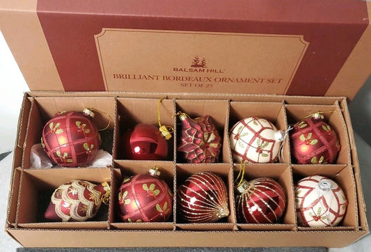 Balsam Hill Brilliant Bordeaux Ornament Set Of 10 Red And White Beautiful Set