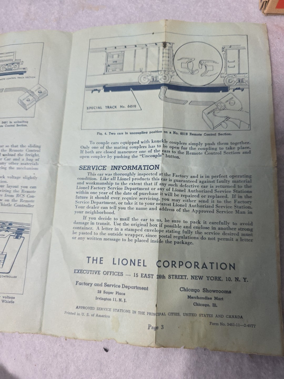 LIONEL #3461X  Operating Lumber Car  And #6019 Speical  Track  And Instructions 