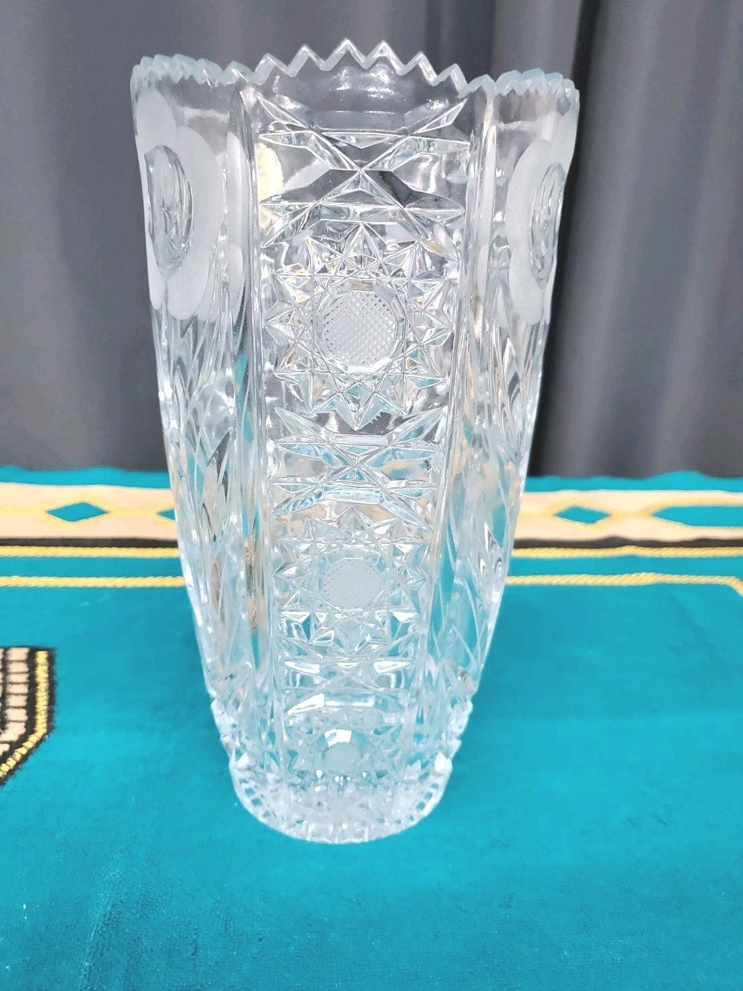 30 % Lead Crystal  Czech Bohemian Vase  Lace & Flower Cut 10"tall Vintage Heay