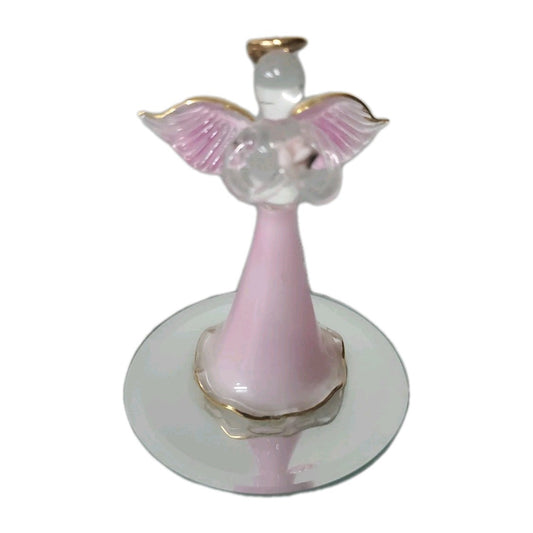 Vintage Hand Sculpted Art Glass Angel 22kt Gold Mirror Base 4" Tall