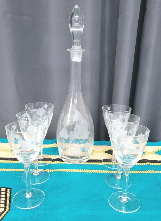  Toscany Crystal Decanter Set 7 Pieces Total With Etched Floral Design Romania 