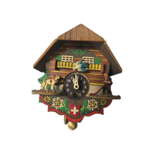 Vintage Mini Cuckoo Clock 5" German Swiss Wooden Alpine Chalet Bird Cow ~ No Key