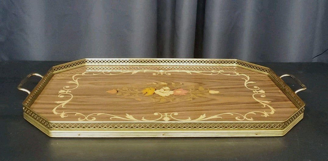 VTG Made In Italy Rectangular Serving Tray Inlaid Wood Floral Design Brass Trim 