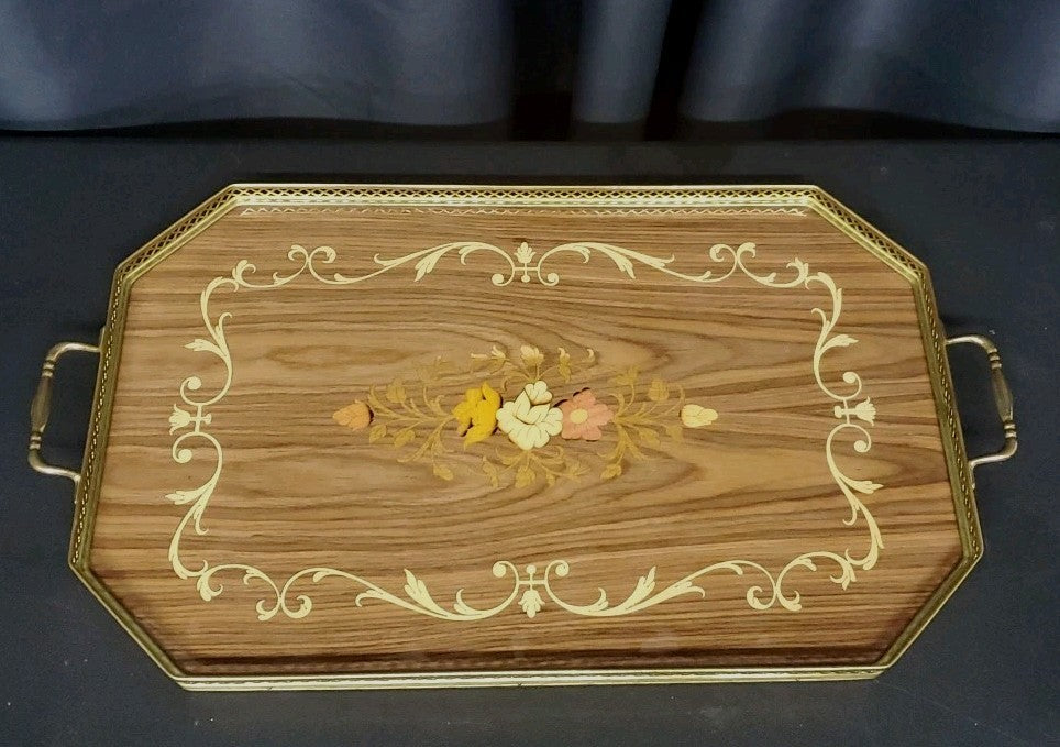 VTG Made In Italy Rectangular Serving Tray Inlaid Wood Floral Design Brass Trim 