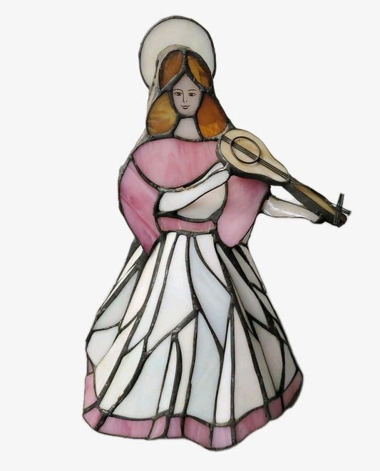 Tiffany Style Stained Glass Angel Pink Playing Violin Light 12" Tall Beautiful