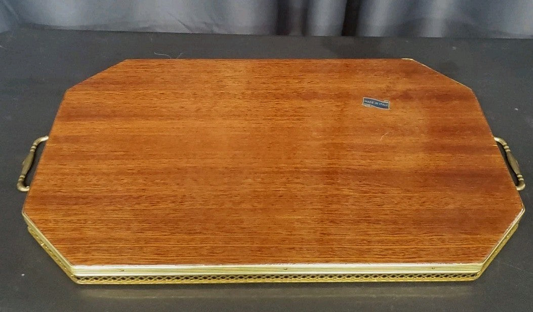VTG Made In Italy Rectangular Serving Tray Inlaid Wood Floral Design Brass Trim 