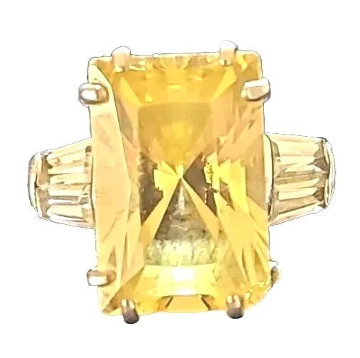 Size 6.5 Ring Radiant Cut Canary & Clear Faux Diamond CZs  .925 Sterling Silver