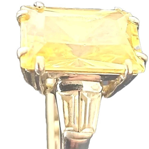 Size 6.5 Ring Radiant Cut Canary & Clear Faux Diamond CZs  .925 Sterling Silver