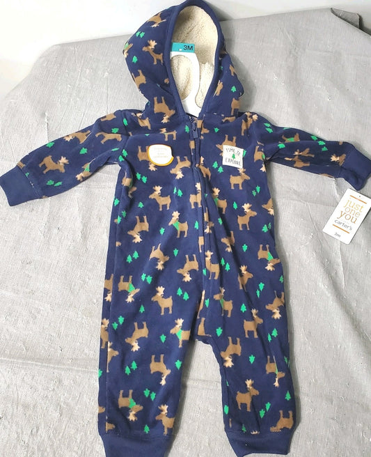 One Piece Hooded Fleece Size 3M Moose Print New With Tags