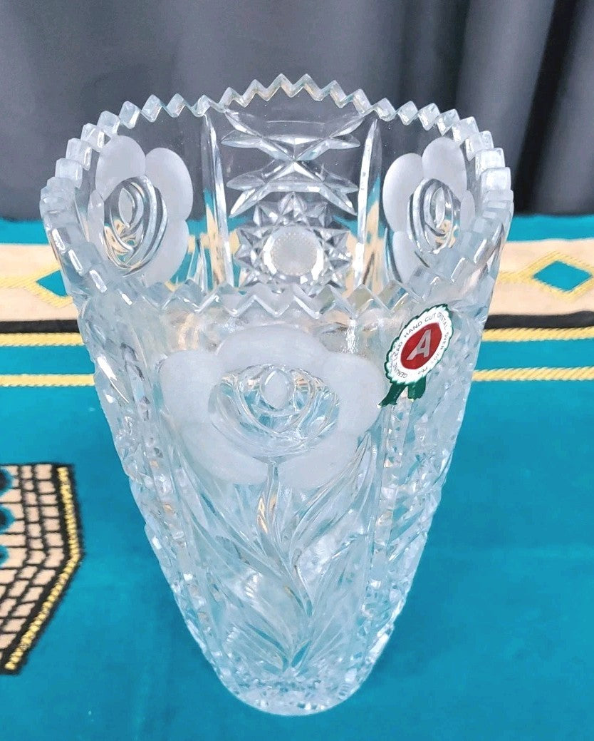 30 % Lead Crystal  Czech Bohemian Vase  Lace & Flower Cut 10"tall Vintage Heay