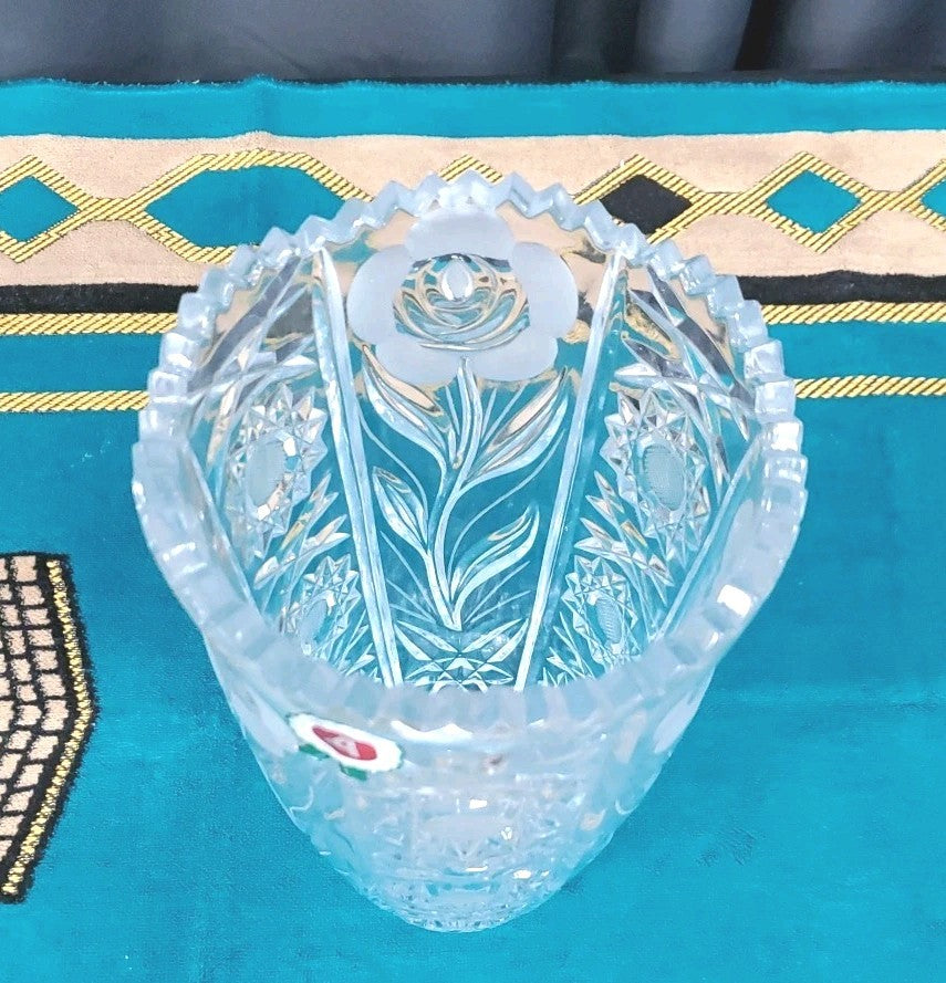 30 % Lead Crystal  Czech Bohemian Vase  Lace & Flower Cut 10"tall Vintage Heay