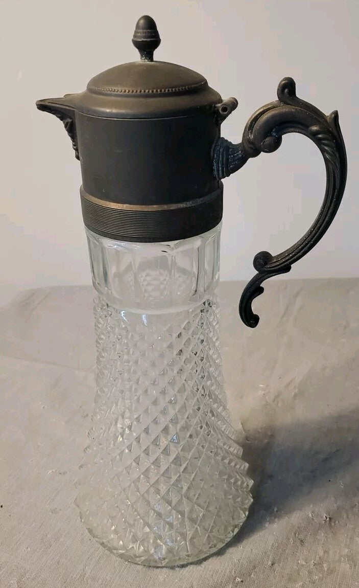 Vintage 14" Tall Glass Pitcher Diamond Point Cut  Wine Claret Decanter