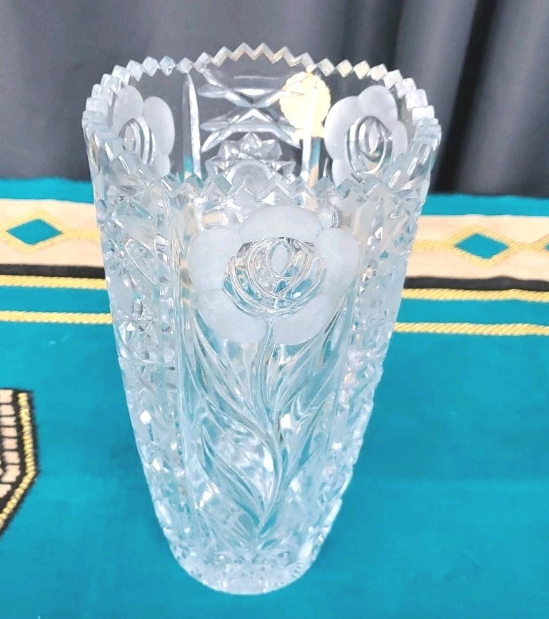 30 % Lead Crystal  Czech Bohemian Vase  Lace & Flower Cut 10"tall Vintage Heay