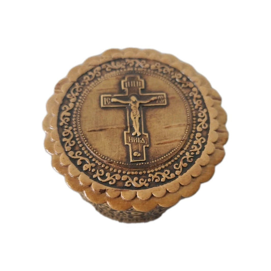 Vintage Russian Hand Made Birch Bark Trinket Box Rosemary Beads Cross On Lid