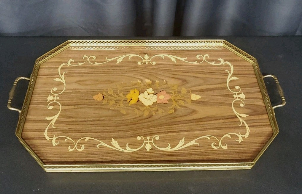 VTG Made In Italy Rectangular Serving Tray Inlaid Wood Floral Design Brass Trim 