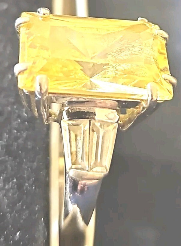 Size 6.5 Ring Radiant Cut Canary & Clear Faux Diamond CZs  .925 Sterling Silver