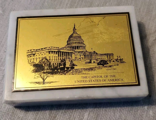 United States Capital Building Paper Weight Marble with Metal plate,  vintage