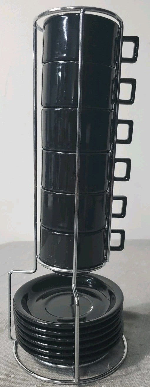 Set Of 6 Stackable Expresso 3 Oz Cups And Saucers. Black With Stand
