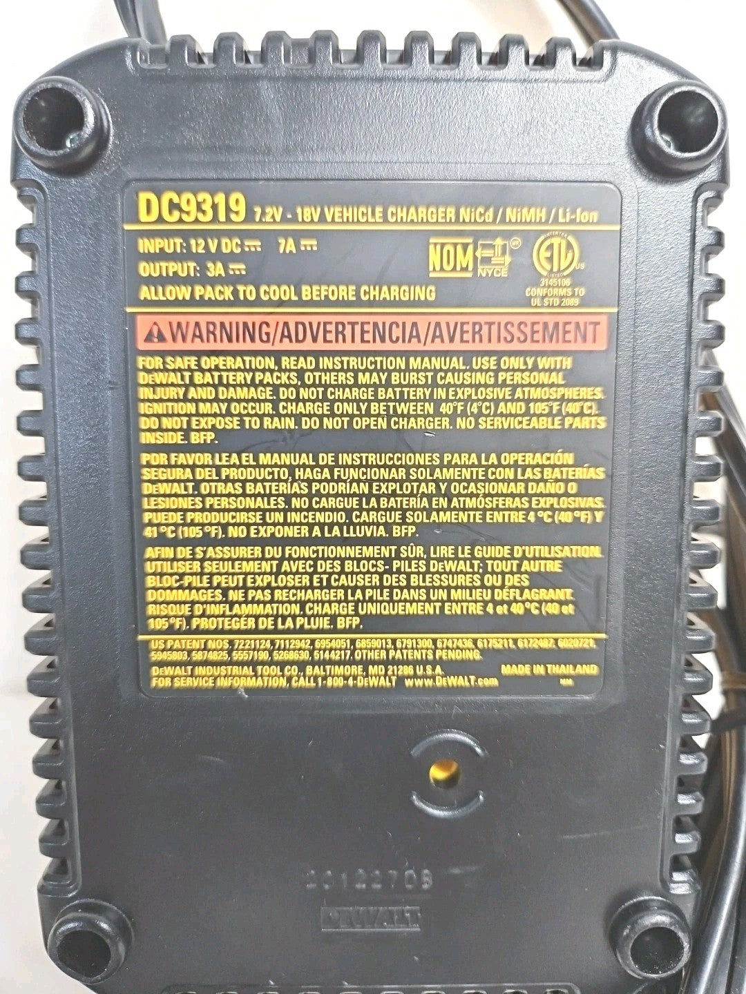 DEWALT DC9319 7.2V 12V 14.4V 18V 1-Hr Vehicle Charger NiCD NiMH Li-Ion Battery